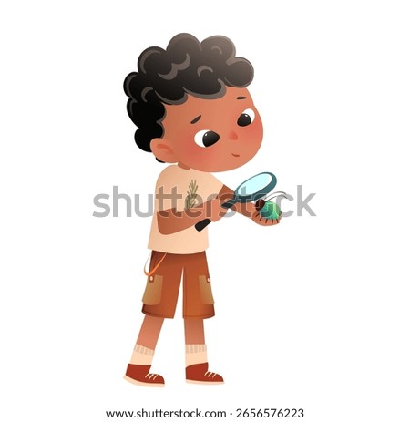 Curious little boy character examines an insect or a bug with magnifying glass. Childhood study and education in entomology and biology. Cartoon vector illustration of a boy child studying bugs.