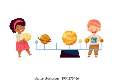 Curious Little Boy and Girl Studying Space and Galaxy Examining Solar Planets Vector Illustration