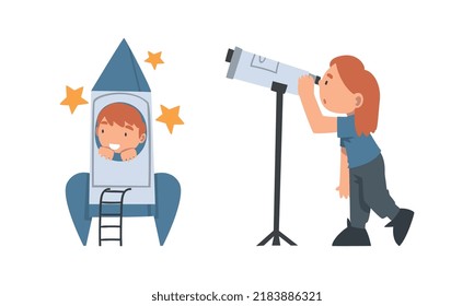 Curious Little Boy and Girl with Telescope and Rocket Studying Space and Galaxy Vector Illustration Set