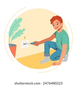 Curious little boy inserting screwdriver into socket flat color vector illustration. Dangerous accident at home round concept icon on white