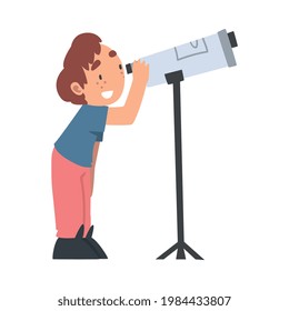 Curious Little Boy Observing Solar Planets with Telescope Studying Space and Galaxy Vector Illustration