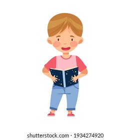 Curious Little Boy Studying Space and Galaxy Reading Book about Solar Planets Vector Illustration