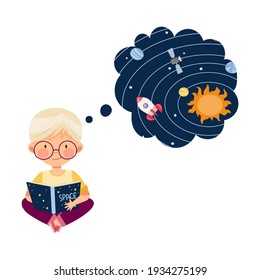 Curious Little Boy Studying Space and Galaxy Reading Book about Solar Planets Vector Illustration