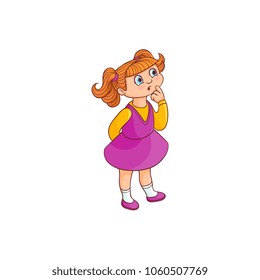 Curious little girl with light hair stands with her finger near face, looks forward and thinks isolated on white background. Hand drawn cute cartoon schoolgirl in purple dress. Vector illustration.