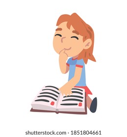 Curious Little Girl Reading Fairy Tail Fantasy Book, Young Fan of Literature, Fairy Tales, Stories, Discoveries Cartoon Style Vector Illustration