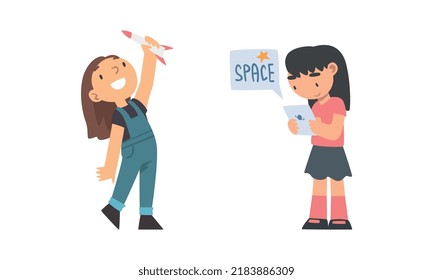 Curious Little Girl Studying Space and Galaxy Vector Illustration Set