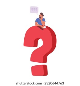 Curious Male Character Holding Phone, Pondering Life's Uncertainties, Symbolized By A Large Question Mark, Seeking Answers And Clarity Isolated on White Background. Cartoon People Vector Illustration