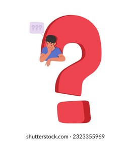 Curious Male Character with Speech Bubble inside of Huge Question Mark, Seeking Answers And Clarity, Pondering and Search Solutions Isolated on White Background. Cartoon People Vector Illustration