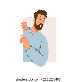 Curious male personage with beard wearing sweater isolated shocked man looking in distance. Vector gossiping or discovering truth, neighbor or colleague from work spying. Flat cartoon character