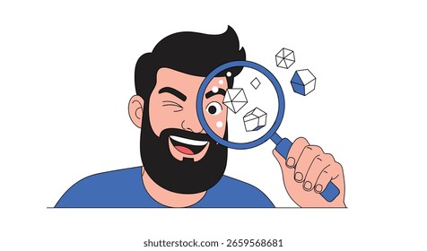 Curious man examining data insights through magnifying glass with charts and graphs appearing