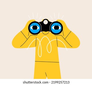 Curious man holding binoculars in hand and looking far away. Search Concept. Colorful vector illustration
