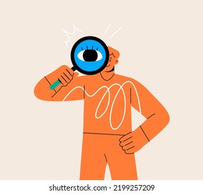 Curious man holding magnifying glass in hand and looking far away. Search Concept. Colorful vector illustration
