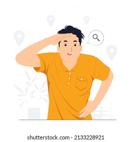 Curious man looking far away with hand over head, trying to see something, bad vision, searching, holding palm on forehead and gasping. surprised, and amazed concept illustration