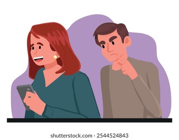 Hombre curioso mirando el teléfono de su novia espiando la correspondencia en las redes sociales por el concepto de desconfianza familiar. Chico sorprendido se acerca a una mujer usando un teléfono inteligente para coquetear con un App de citas. Ilustrador de Vector plano