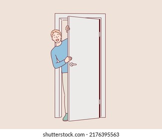 Curious man looking out the door. Hand drawn style vector design illustrations.