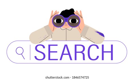 Curious man looking through binoculars. Business metaphore for search or research, development, web surfing. Trendy outline vector characters for web or ui design.