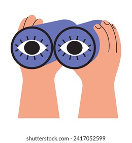 Curious man looking through binoculars. Business metaphore for search or research, development, learning, web surfing. Trendy outline vector characters for web or ui design.