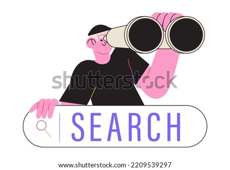 Curious man looking through binoculars. Business metaphore for search or research, development, web surfing. Trendy outline vector characters for web or ui design. Search character concept.