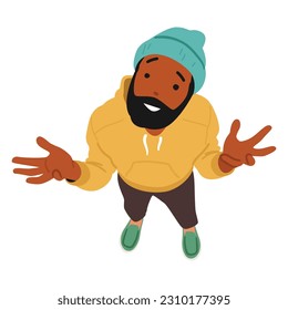 Curious Man In Shrug Pose, Gazing Upwards With A Top View Perspective, Showcasing A Sense Of Wonder And Intrigue. Isolated African American Male Character. Cartoon People Vector Illustration