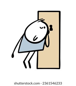 Un hombre curioso se pone de pie en la puntilla de la cuerda floja detrás de la puerta. Ilustración vectorial de la pegatina y una acción interesante detrás de la pared. Carácter gracioso aislado en fondo blanco.