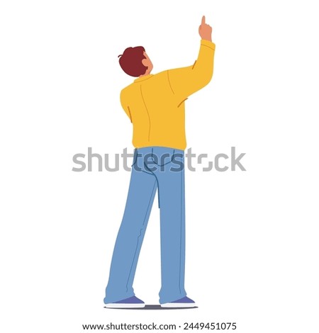 Curious Man Tilts His Head, Eyes Lifting Towards The Heavens, Looking and Pointing Up with a Wonder. Male Character Look Upwards, and Showing with Index Finger, Rear View. Cartoon Vector Illustration