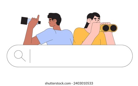 Curious man and woman looking through binoculars. Business team metaphore for search or research, development, web surfing. Trendy outline characters flat vector illustration for web or ui design.