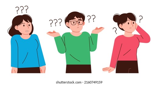 Curious men and women. Vector character illustration set of wondering gestures.