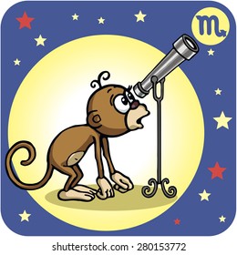 Curious monkey looks at the Zodiac sign - Scorpio. Telescope and Stars. Vector illustration. Cartoon style.
Emotional little monkey with large expressive eyes - the symbol of 2016.
