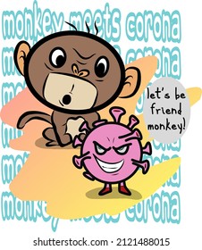 curious monkey meets evil corona virus vector with typography background