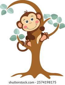 Curious Monkey Peeking from Behind a Tree
