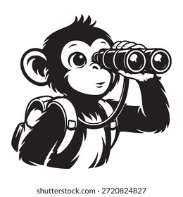 A curious monkey peers through binoculars while wearing a backpack, symbolizing exploration and discovery. The scene conveys adventure, curiosity, learning, travel spirit and the joy of searching beyond the horizon.