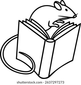 Curious mouse reading a book simple black and white illustration for education and storytelling