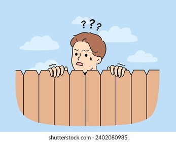 Curious neighbor looks over fence to find out what is happening on street or to spy. Neighbor stalker surveills and harasses neighborhood residents due to psychological illness or disorder