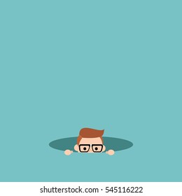 Curious nerd hiding in the hole and prying / editable flat vector illustration, clip art