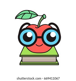 Manzana roja nerd curiosa en gafas en un pedestal de libro. Logotipo de la Educación. Carácter friki de la fruta. Escuela, universidad, mascota de la universidad. Logotipo de prueba intelectual. Símbolo de aprendizaje. Emblema del juego de entrenamiento cerebral.