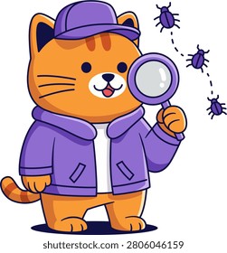 Curious Orange Cat Investigating Bugs With Magnifier In Purple Tech Setting