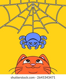 Curious orange cat looking up at a smiling blue spider hanging from a large web cartoon illustration vector  for children’s themes, Halloween concepts, or pet design
