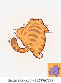 A curious orange tabby cat with dark stripes visible from behind, appears to be jumping or climbing a wall, with its hind legs and tail visible. This cheerful illustration exudes curiosity and playful