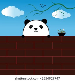 Curious Panda Behind the Brick Wall with a Peaceful Sky