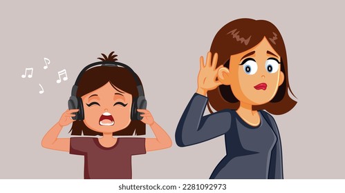 
Curious Parent Trying to Overhear Offensive Music from Child Headphones. Mom overhearing indecent rude lyrics from a song her daughter listens 
