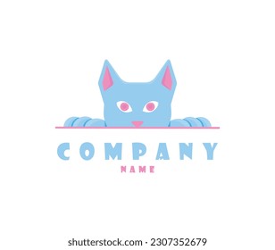Curious peeking blue pink cat logo white background illustration