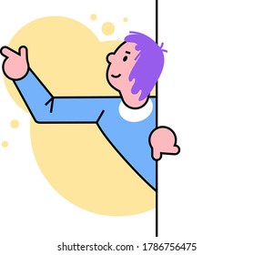 Curious peeping woman character, points arm left side text place, female indicate isolated on white, flat vector illustration. Concept cute cheerful girl wave hand with leaf background.