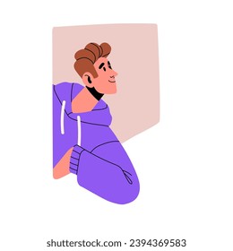 Curious people peeking outside geometric shape. Interested male face, head looking out window. Happy man with positive facial expression staring. Flat isolated vector illustration on white background