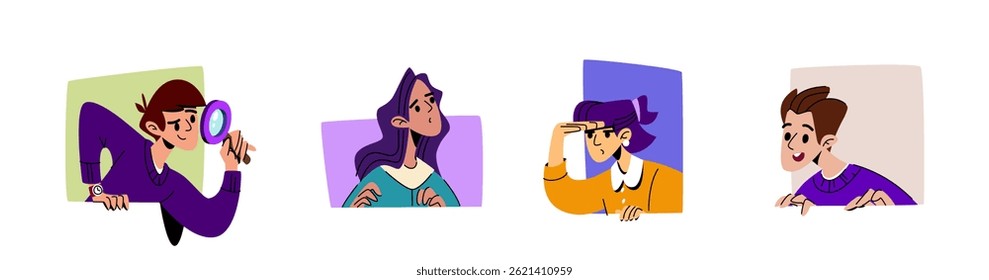 Curious people peeking set isolated on white background. Flat vector illustration of man with magnifying glass, young woman looking out of window, portraits of adult characters spying, info search