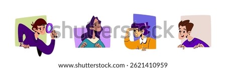 Curious people peeking set isolated on white background. Flat vector illustration of man with magnifying glass, young woman looking out of window, portraits of adult characters spying, info search