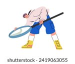 Curious person with magnifying glass, lens in hand. Tiny man with loupe, searching, looking and finding. Curiosity, study concept. Flat graphic vector illustration isolated on white background