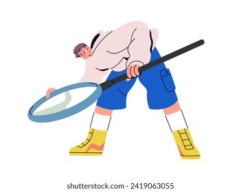 Curious person with magnifying glass, lens in hand. Tiny man with loupe, searching, looking and finding. Curiosity, study concept. Flat graphic vector illustration isolated on white background