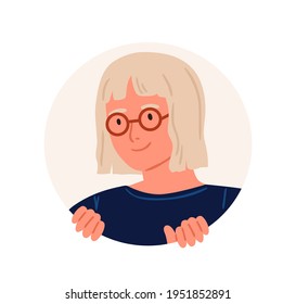 Curious person peeping from behind round hole, searching and watching for smth. Portrait of happy young woman in eyeglasses peeking and looking from circle. Flat vector illustration isolated on white