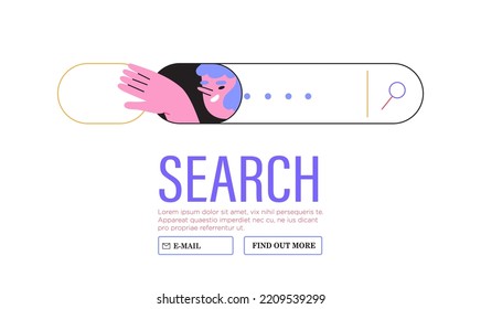 Curious person share link. Business metaphore for search or research, development, web surfing. Trendy outline vector characters for web or ui design. Search character concept.