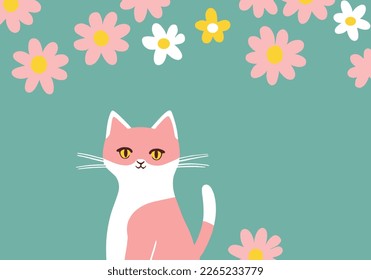 Curious pink cat among colorful spring flowers, pastel colors, flat design, green background